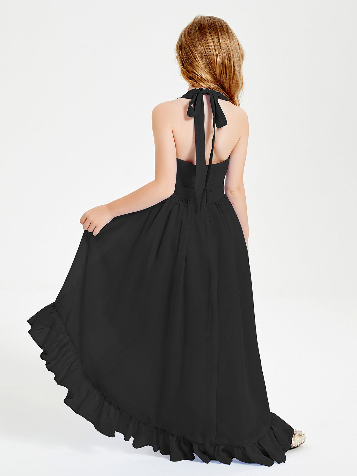 Trendy Boho Junior Bridesmaid Dresses Asymmetrical Cascading Skirt Black